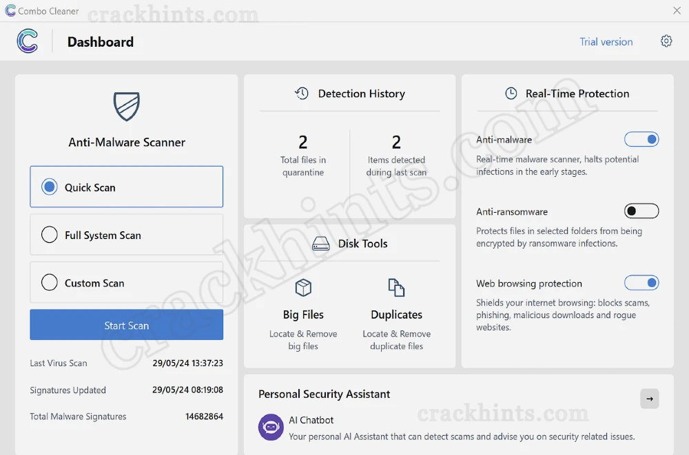 Combo Cleaner full version dashboard showing malware scan and system optimization tools