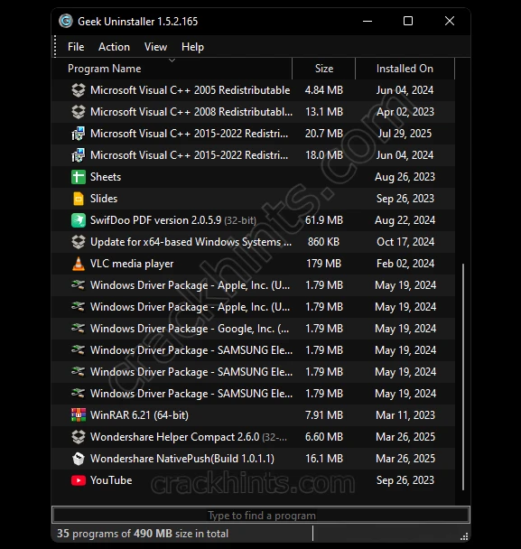 Geek Uninstaller Pro full version dashboard displaying installed apps list