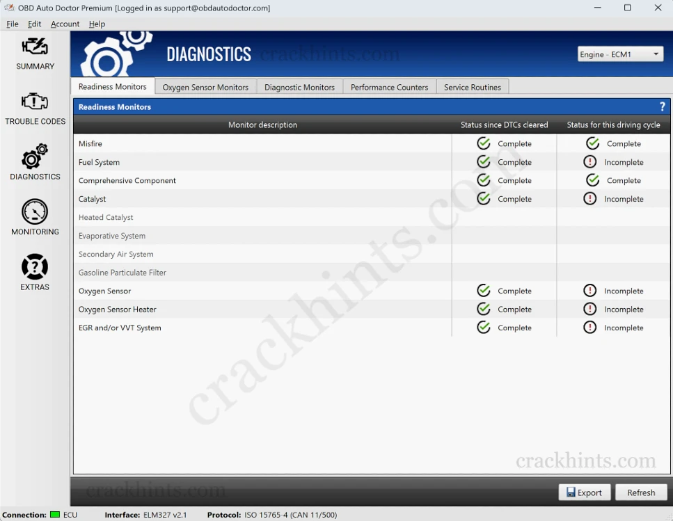 OBD Auto Doctor Premium Version interface showing vehicle diagnostic data