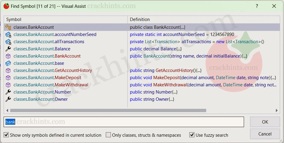 Visual Assist X Full Version Interface Showing Find Symbol